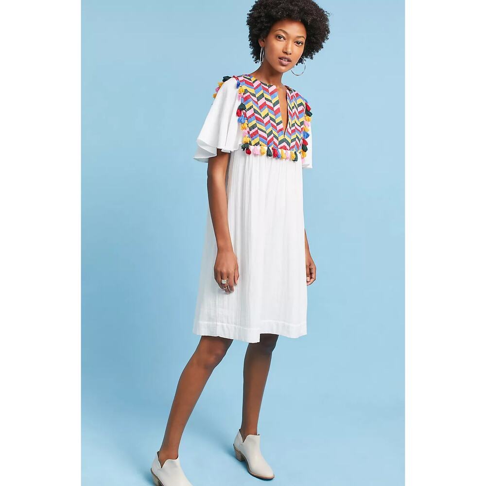 Whit Two Womens Bette Flutter Sleeve Cotton Dress Colorful Embroidered Boho L